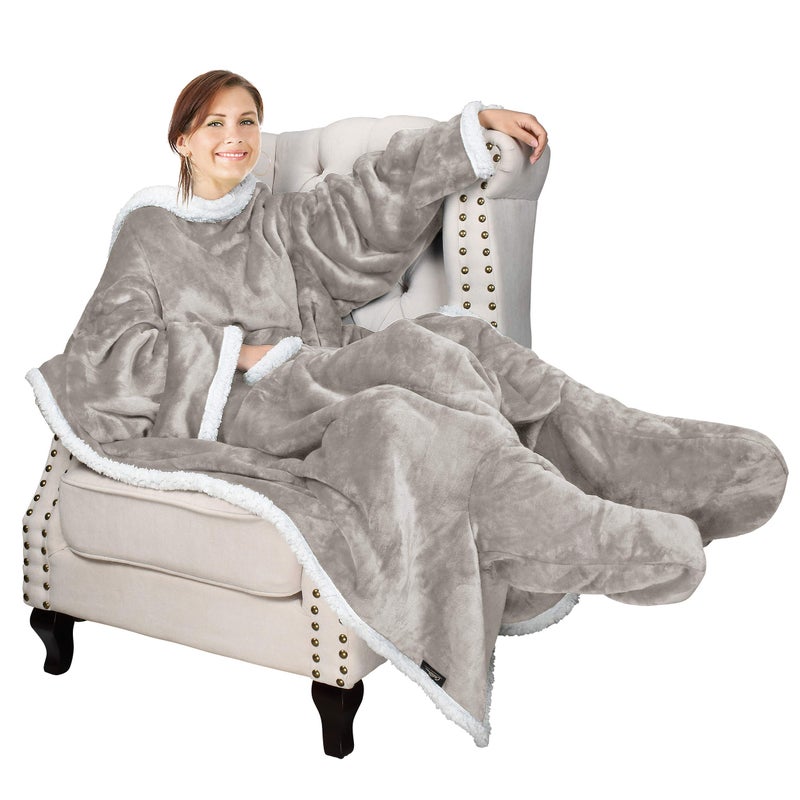 Catalonia Sherpa Wearable Blanket with Sleeves & Foot Pockets for Adult Women Men, Comfy Snuggle Wrap Sleeved Throw Blanket Robe, Gift Idea, Camel - Image 2
